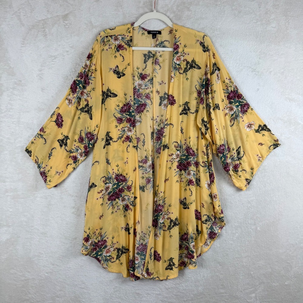 Torrid Yellow Floral Butterfly Kimono Duster Wrap Open Front Rayon Festival Boho